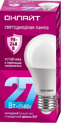 Лампа светодиодная 90 408 OLL-A60-27-230-6.5K-E27 (PRO 90-240В) ОНЛАЙТ 90408