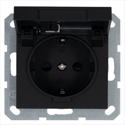Розетка 1-м Shuko 16А IP20 с заземл. защ. шторки с крышкой механизм черн. матов. soft touch Jasmart G5505PB