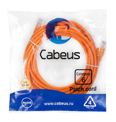 Патч-корд U/UTP кат.6 PC-UTP-RJ45-Cat.6-5m-OR 2xRJ45/8p8c неэкранир. PVC 5м оранж. Cabeus 8702c