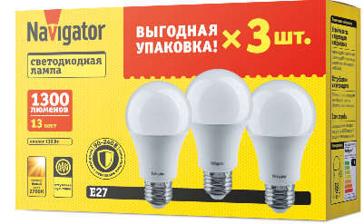 Лампа светодиодная 95 318 NLL-A60-13-230-2.7K-E27-PACK3 NAVIGATOR 95318