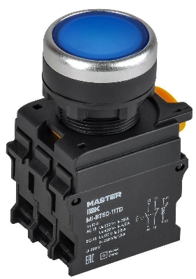 Кнопка d22мм 1НО+1НЗ MASTER с подсветкой и фиксацией син. IEK MI-BT60-11TD-3-11-K07
