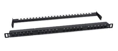 Патч-панель 19дюйм 0.5U 24 порта RJ45 кат.6 Dual IDC 180град. высокой плотности с задн. кабельн. организатором Cabeus 9664c