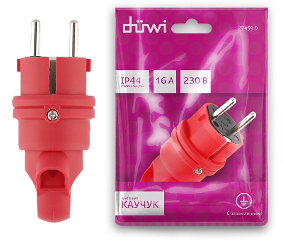 Вилка каучуковая прямая с/з 90град. с кольцом 16А 230В IP44 красн. Duwi 27459 9