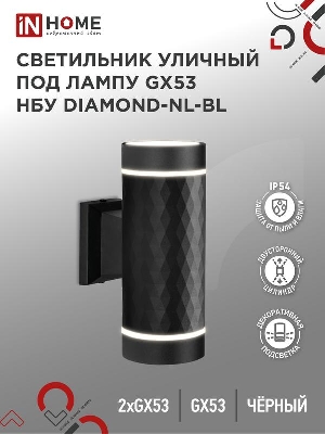 Светильник НБУ DIAMOND-2хGX53-NL-BL IP65 уличный настен. двусторон. под лампу 2хGX53 алюм. черн. IN HOME 4690612051635