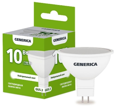 Лампа светодиодная MR16 10Вт софит 4000К GU5.3 230В GENERICA LL-MR16-10-230-40-GU5-G