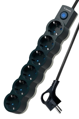 Удлинитель 6х5м с заземл. 10А IP20 2200Вт 220В защ. шторки ПВС 3х1 с выкл. черн. КОСМОС YKsm5m-6g-Z-V10A-B