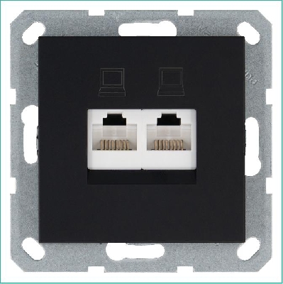 Розетка компьютерная 2-м RJ45 IP20 кат. 6 механизм черн. матов. soft touch Jasmart G6108PB
