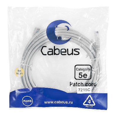 Патч-корд U/UTP PC-UTP-RJ45-Cat.5e-5m 2xRJ45/8p8c кат.5E неэкранир. PVC 5м сер. Cabeus 7215c