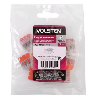 Клемма строительно-монтажная СМК 3 пр. до 4мм 32А 450 В 10шт V02-9W-221-413 оранж. Volsten 15235