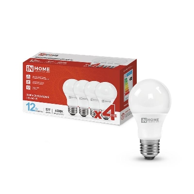 Лампа светодиодная LED-A60-VC 4PACK 12Вт 230В E27 6500К 1140лм (уп.4шт) IN HOME 4690612047676