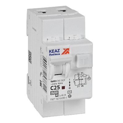 Выключатель автоматический дифференциального тока 2п OptiDin D63-23C25-AC-У3 C25 100мА 4.5кА с защитой от сверхтоков КЭАЗ 328107