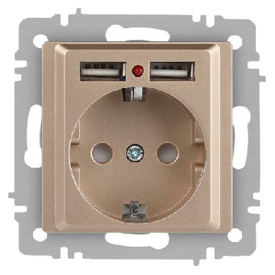 Розетка 1-м СП Accent 6-410-04 16А IP20 250В P+E Schuko + 2хUSB защ. шторки шампань Intro Б0063696