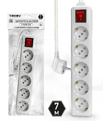 Удлинитель 5х7м с заземл. с выкл. 10А 3х1.5 TOKOV LIGHT TKL-C01-BU5-7-1.5-ZV