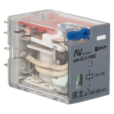 Реле промежуточное с кнопкой и мех. индикацией RPAt 22/3 10A 110В DC AVERES EKF rpat-22-3-110DC