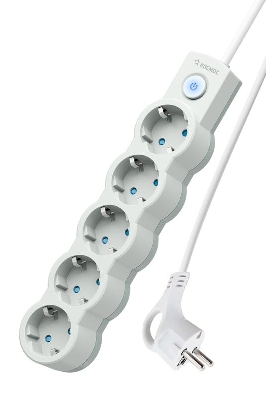 Удлинитель 5х1.5м с заземл. 10А IP20 2200Вт 220В защ. шторки ПВС 3х1 с выкл. бел. КОСМОС YKsm1.5m-5g-Z-V10A-W