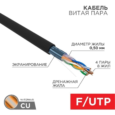 Кабель витая пара F/UTP кат.5e 4PR 24AWG solid PE OUTDOOR черн. (уп.305м) РФ Rexant 01-0146-R