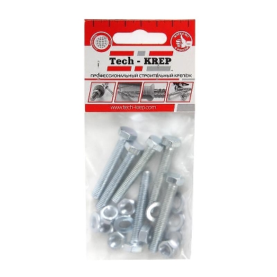 Болт с шестигранной головкой М6х40 DIN 933 + гайка + шайба оцинк. (уп.6шт) Tech-Krep/Zitar 112719