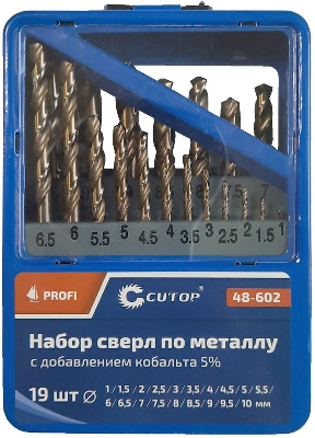 Набор сверл по металлу Profi 1-10мм (через 0.5мм) с кобальтом 5проц. в метал. коробке (19шт) Cutop 48-602