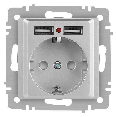 Розетка 1-м СП Accent 6-410-03 16А IP20 250В P+E Schuko + 2хUSB защ. шторки алюм. Intro Б0063694