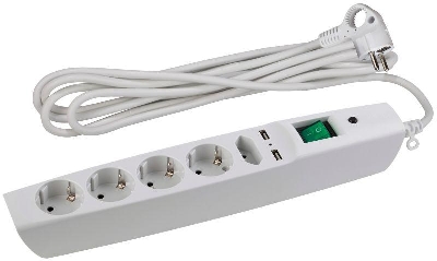 Удлинитель с сетевым фильтром 5х2м с заземл. 10А IP20 U-5es-2m-W 2хUSB ПВС 3х0.75 с выкл. защ. шторки бел. Эра C0043327