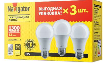 Лампа светодиодная 95 319 NLL-A60-13-230-4K-E27-PACK3 NAVIGATOR 95319