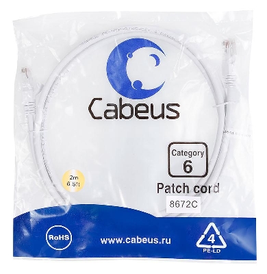 Патч-корд U/UTP кат.6 PC-UTP-RJ45-Cat.6-2m-WH 2xRJ45/8p8c неэкранир. PVC 2м бел. Cabeus 8672c