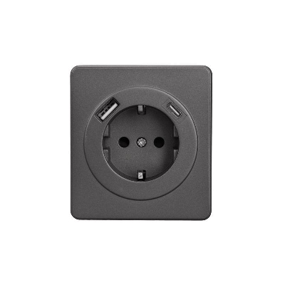 Розетка 1-м СП ROUND MIELE 16А с заземл. защ. шторки с USB A+C быстрой зарядки 5В/3А титан Kranz KR-78-0704-2