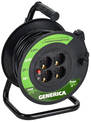 Удлинитель на катушке 4х20м 10А IP20 УК20 2P+PE 3х1 термозащита GENERICA WKP10-10-04-20-G