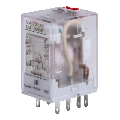 Реле миниатюрное промышленное общего назначения 2CO ком. ток 12А AgSnO2 напряжение 230В AC опция: тест-кнопка+светодиод DKC IR-230AC-W2CO-D
