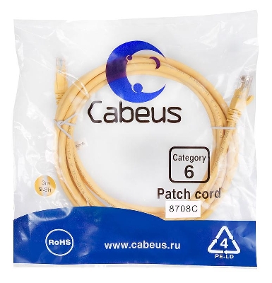 Патч-корд U/UTP кат.6 PC-UTP-RJ45-Cat.6-3m-YL 2xRJ45/8p8c неэкранир. PVC 3м желт. Cabeus 8708c