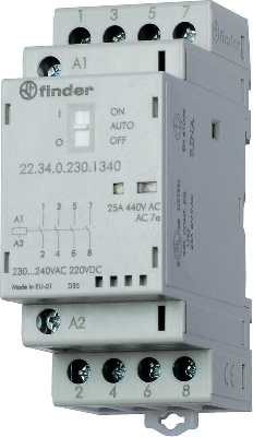 Контактор модульный 2NO + 2NC 25А AgSnO2 230В AC/DC 35мм IP20 опции: мех. индикатор + LED FINDER 223402304620