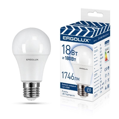 Лампа светодиодная LED-A60-18W-E27-6K замена ЛОН 18Вт Е27 6500К 172-265В ПРОМО Ergolux 15559