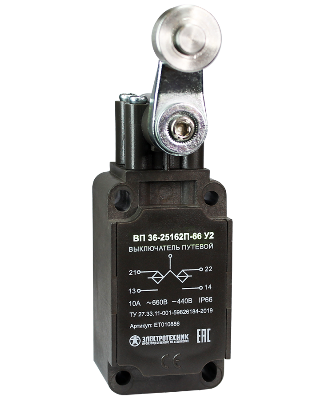 Выключатель путевой ВП 36-2516П-66 У2 1НО+1НЗ 3А IP66 рычаг со стальным роликом инерционный 30х60мм без сальника Электротехник ET010886