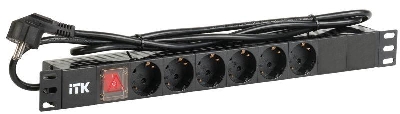 Блок розеток 6-м PDU (немец. станд.) DIN49440 с LED выкл. 1U шнур 2м вилка DIN49441 профиль ПВХ черн. ITK PH12-6D1-P
