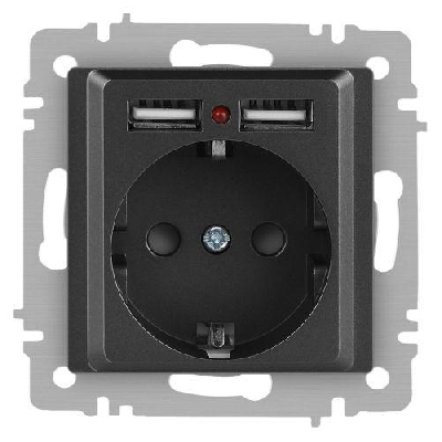 Розетка 1-м СП Accent 6-410-07 16А IP20 250В P+E Schuko + 2хUSB защ. шторки графит Intro Б0063702