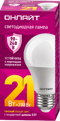Лампа светодиодная 90 534 OLL-A60-21-230-2.7К-E27 21Вт E27 2700К (PRO 90-240В) ОНЛАЙТ 90534