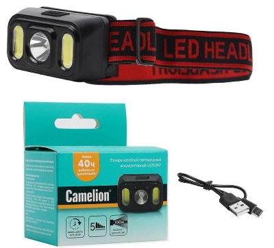 Фонарь аккумуляторный налобный 3.7В XPE+2 x COB 3Вт 5 режимов Type-C бокс LED53417 черн. Camelion 15747