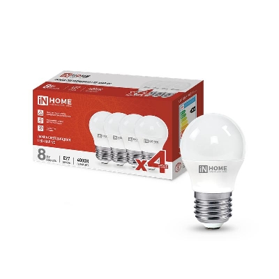 Лампа светодиодная LED-ШАР-VC 4PACK 8Вт 230В E27 4000К 760лм (уп.4шт) IN HOME 4690612047867