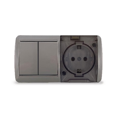 Блок ОП Клио 2-кл. выкл. 10А + розетка 1-м 16А 250В с заземл. с прозр. крышкой сер. Universal К2239-Gr