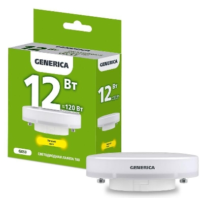 Лампа светодиодная T80 12Вт таблетка 3000К GX53 230В GENERICA LL-T80-12-230-30-GX53-G