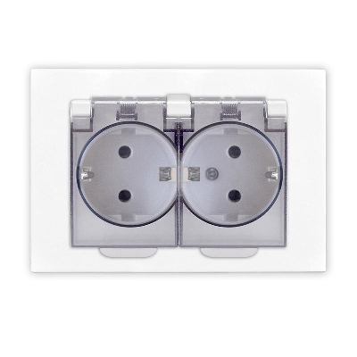 Розетка 2-м СП Афина 16А IP20 с заземл. c прозр. крышкой в сборе бел. Universal A0031