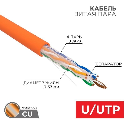 Кабель витая пара U/UTP кат.6 4х2х23AWG нг(А)-HF медь оранж. (305м) (м) Rexant 01-0050