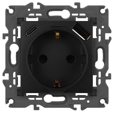 Розетка Elegance 14-4108-05 16A 250В 2P+E защ. шторки с USB type-A+C 3А 5В антрацит Эра Б0067724