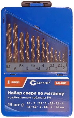 Набор сверл по металлу Profi 1.5-6.5мм (через 0.5мм + 32мм; 48мм) с кобальтом 5проц. в метал. коробке (13шт) Cutop 48-601