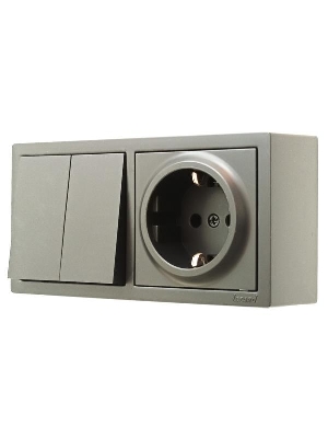 Блок Выключатель 2-клав. и розетка 1-местн с заземл. LETO платина горизонталь LEZARD 752-3500-170BKP