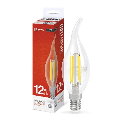 Лампа светодиодная филаментная LED-СВЕЧА НА ВЕТРУ-deco свеча на ветру прозрачная 12Вт 230В E14 4000К 1350лм IN HOME 4690612056005