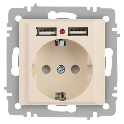 Розетка 1-м СП Accent 6-410-02 16А IP20 250В P+E Schuko + 2хUSB защ. шторки сл. кость Intro Б0063692