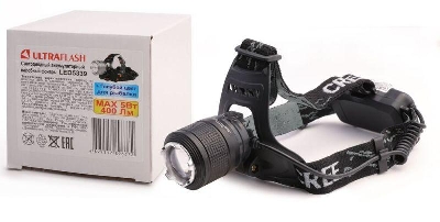 Фонарь налобный аккумуляторный LED5339 3.7В LED+син. LED 5Вт фокус 2 ак. 4 реж USB черн. Ultraflash 15041