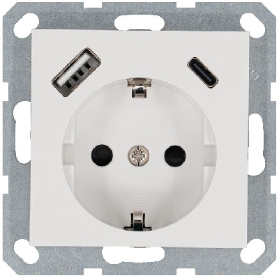 Розетка Shuko 16А с заземл. защ. шторки с 2-мя заряд. устройствами USB тип A+C 25Вт механизм бел. глянцевый Jasmart G5501USB-25W