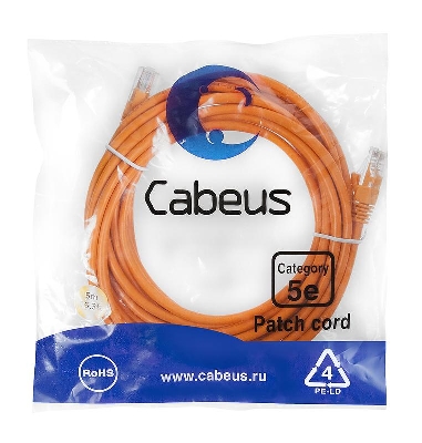 Патч-корд U/UTP кат.5E PC-UTP-RJ45-Cat.5e-5m-OR 2xRJ45/8p8c неэкранир. PVC 5м оранж. Cabeus 7690c